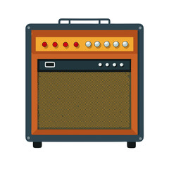 Fototapeta premium A vintage-style guitar amplifier with an orange/brown color scheme, featuring control knobs on the top panel (red and silver knobs).