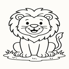 A cheerful lion sits on the grass, designed in a simple, kid-friendly coloring page style with clean outlines and no shading.