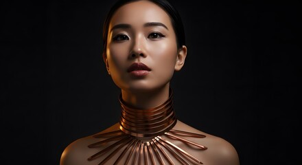 Elegant Asian Woman Portrait with Modern Copper Necklace on Dark Background