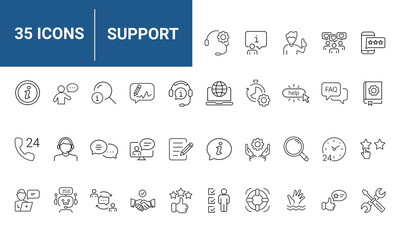 Customer Service and Support set of web icons in line style. Support and Help icons for web and mobile app. Online assistance, email, customer service, contact, helpdesk, feedback. Vector Illustration