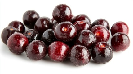 Close-up of a pile of fresh, dark red cherries, glistening with moisture, on a white background.