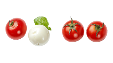 tomatoes, cherry tomatoes, mozzarella cheese, basil leaves, fresh produce, food photography, still life, high-quality, detailed, realistic
