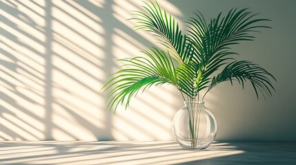 Obraz premium Oversized palm leaves in a minimalist glass vase, sunlight pouring through blinds, shadows form stripe patterns over leaves and on wall, sharp indoor aesthetic. Created Using: Olympus OM-D E-M1,