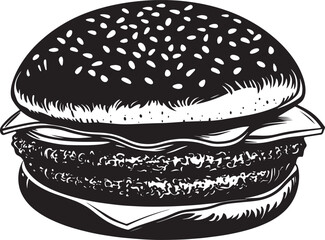 A black and white illustration of a hamburger with sesame seeds on a sesame seed bun.