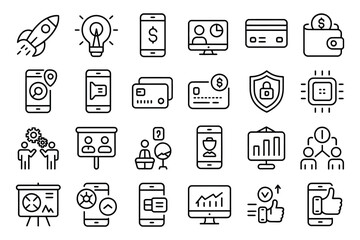 Thin line fintech icon set including mobile finance, digital wallet, real-time transfer, crypto technology, data security, and payment interface

