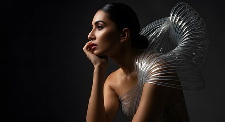 Naklejka premium Elegant Woman in Futuristic Fashion with Clear Plastic Tubing Outfit and Dark Background