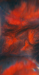 Glitter flow. Blur acrylic stream. Orange red black sparkling water mix ink pigment lens. Defocused...
