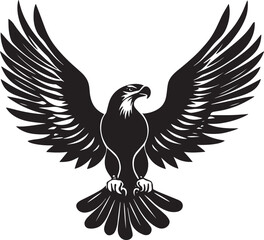Obraz premium A black and white illustration of a bald eagle with its wings spread wide against a white background.