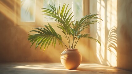 Obraz premium Soft-focused morning composition of large palm leaves in a beige clay vase, directional sunlight streaming in from a side window, highlighting natural textures and casting elegant shadows.
