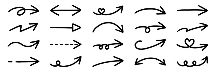 手書きのゆるい矢印アイコンのベクターイラストセット。方向、手描き、シンプル、やじるし