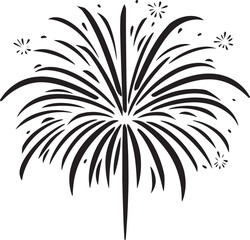 A black and white illustration of a fireworks display against a white background.