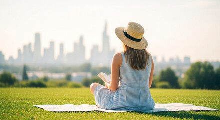 Fototapeta premium Woman Reading Book in a Park with City Skyline View 
