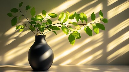 Sleek composition of lush green leaves in a matte black vase, bright sunlight streaming through blinds, casting lined shadows over the wall and vase. Minimal background blur.