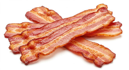Close-up studio shot of delicious cooked bacon strips on a white background