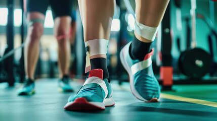 Intense Close-Up of Strained Ankle Taped for Support, Blurred Gym Equipment in Background, Shallow Depth of Field f/2.0, stock photo aesthetic