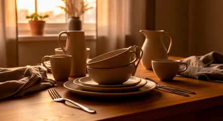 Fototapeta premium Elegant Table Setting with Neutral Tone Ceramic Dishes