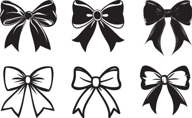 Set of six black and white bow-ties with ribbons.