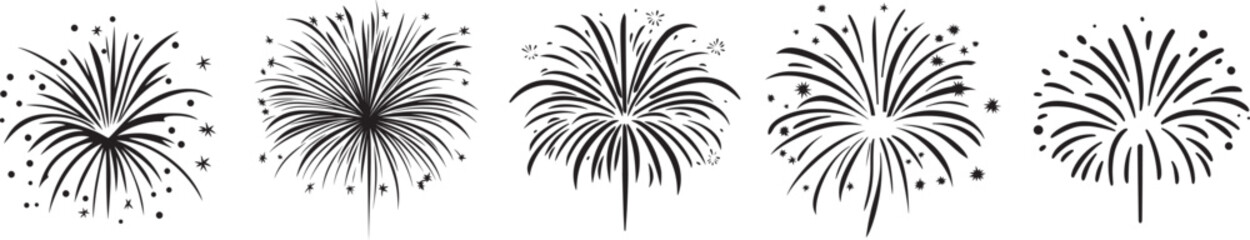 A set of black and white fireworks against a white background.