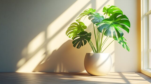 Sun-drenched corner with large monstera leaves in a simple white vase, bold shadow contrast on the wall, clean floor and background, warm natural light effect. Created Using: Olympus OM-D E-M1X,