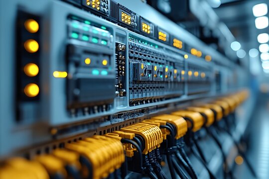 Data center server racks detailed view with illuminated lights and network cables - Powered by Adobe