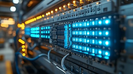 Modern data center server rack showing active network hardware with bright illuminated lights.