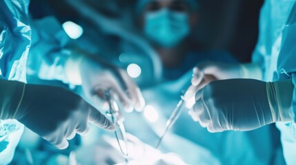 A dynamic close-up of a surgical team’s hands in action during a procedure, with a blurred background, Minimalist style