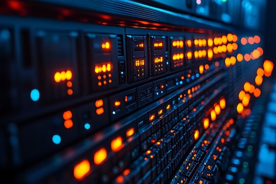 Illuminated server racks with orange and blue lights indicating data processing and information technology
