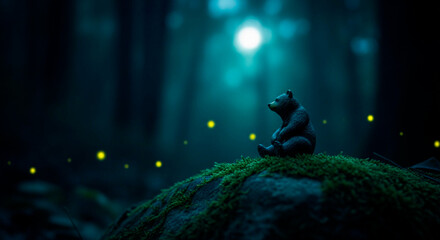 Bear Figurine at Night in the Forest with Fireflies