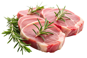 Four Raw Pork Loin Chops Garnished with Fresh Rosemary Sprigs Studio Shot A I G E N E R A T E D - P N G isolated on a transparent background