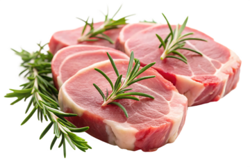 Four Raw Pork Loin Chops Garnished with Fresh Rosemary Sprigs Studio Shot A I G E N E R A T E D - P N G isolated on a transparent background
