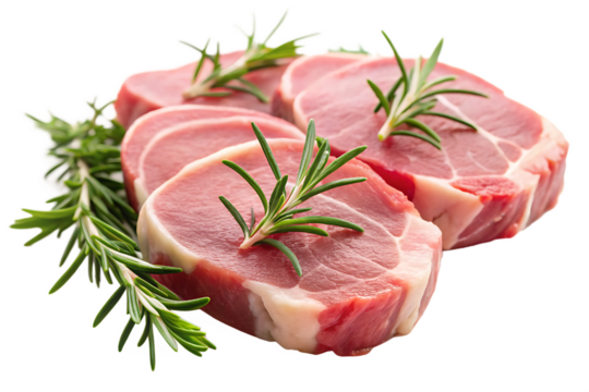 Four Raw Pork Loin Chops Garnished with Fresh Rosemary Sprigs Studio Shot A I G E N E R A T E D - P N G isolated on a transparent background