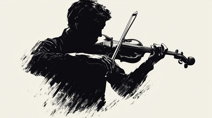 Silhouette of a violinist playing, depicted in a textured style with bold lines and dramatic shading