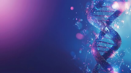 A dynamic illustration of a DNA helix with flowing, luminous strands set against a gradient background of blue and purple hues, Abstract style
