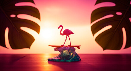Pink Flamingo Surfing on a Wave in a Tropical Sunset