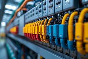 Colorful electrical cables and connectors attached to control panel in industrial setting