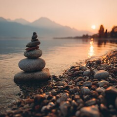 Calm stones stack by lake at sunset