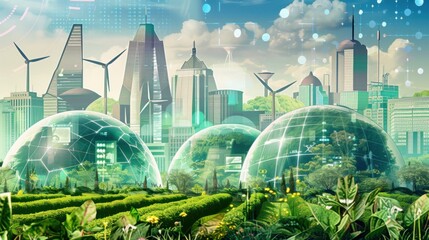 A dynamic illustration of a green energy cityscape with transparent domes housing botanical gardens and aquaponic farms, integrated with wind turbines and algae bioreactors