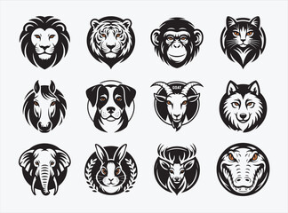 Obraz premium Collection of animal heads in black and white illustration