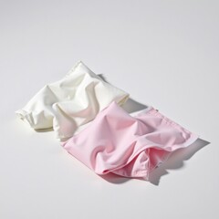 Soft satin fabric in white and pink colors with gentle folds and smooth texture, ideal for fashion design, textile projects, or creative crafts