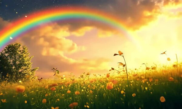 Vibrant Rainbow Arching Over a Sunlit Wildflower Meadow
