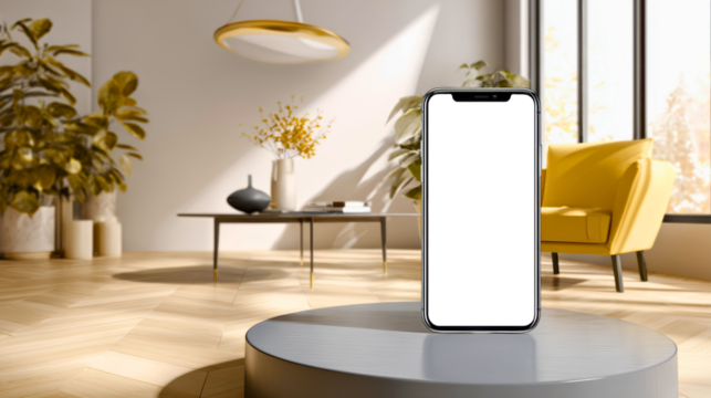 Perspective view of smartphone with white or transparent screen in a clean setting, perfect for app mockups, mobile UI design, and tech presentations