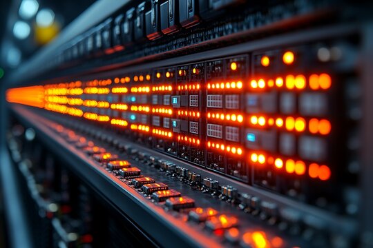 Data server room illuminated with bright orange lights and advanced technology infrastructure.