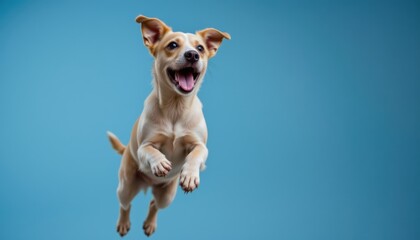 Playful Dog Joyfully Jumping Against a Bright Blue Background in a Dynamic Display of Energy
