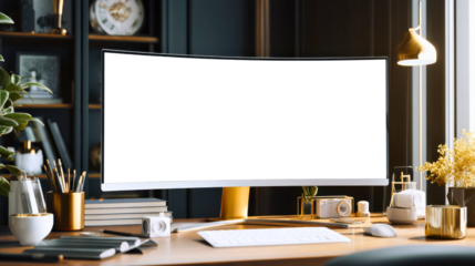 Flat lay of curved desktop monitor with white or transparent screen on clean desk setup, ideal for UI mockups, tech branding, and modern design visuals
