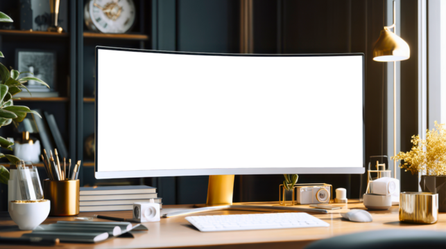Flat lay of curved desktop monitor with white or transparent screen on clean desk setup, ideal for UI mockups, tech branding, and modern design visuals