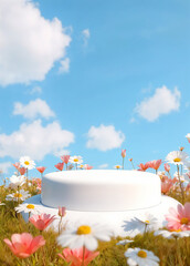 Minimalist White Podium in Blooming Flower Field Under Blue Sky, flower and podium background

