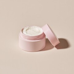 Pink jar of cream, open, light cream inside