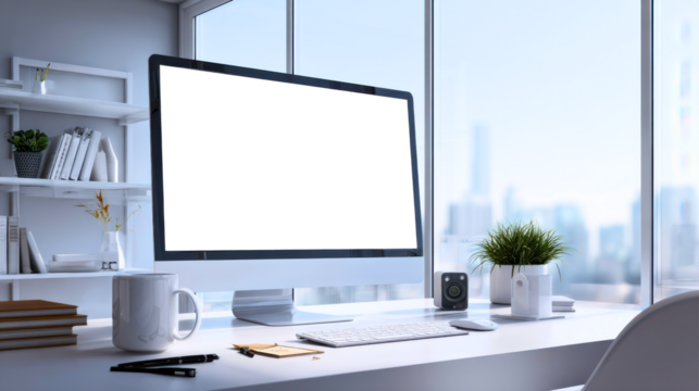 Bright minimalist workspace featuring monitor, flowers, and clock on a clean white desk near a window, ideal for product mockups and branding