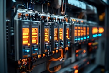 Close-up view of a server rack featuring glowing orange and blue data processing units