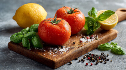 Fresh tomatoes, basil, and lemon on wooden cutting board create vibrant and appetizing scene, perfect for culinary inspiration